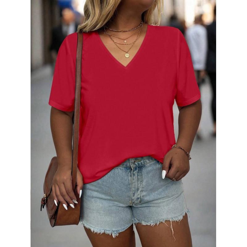 Womens V-Neck Short Sleeve Loose Fit T-Shirt With Floral Lake Scene Cartoon Bun Girl Print 2025 Casual Top