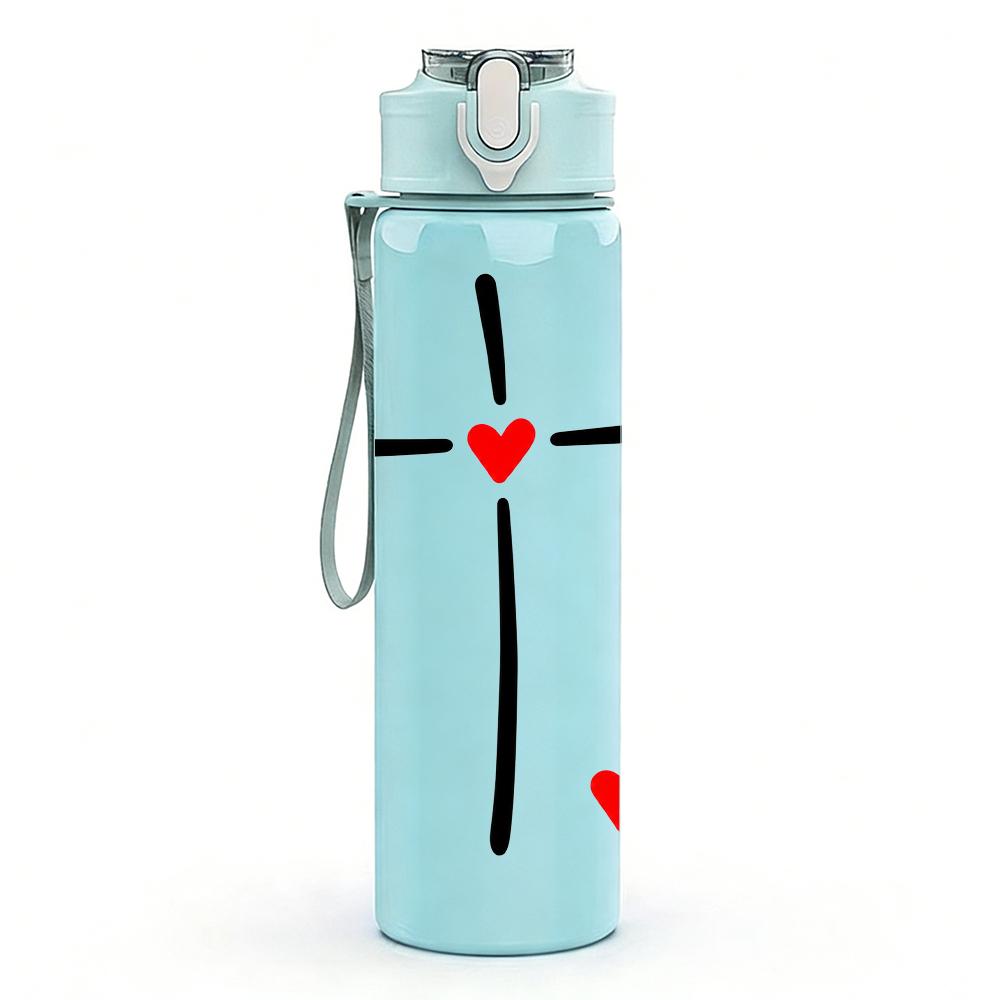 1PC Red Heart Center Cross Faith 750ml Color Plastic Sports Water Bottle Leakproof Flip Straw Lid Suitable for Sports Office Home Use