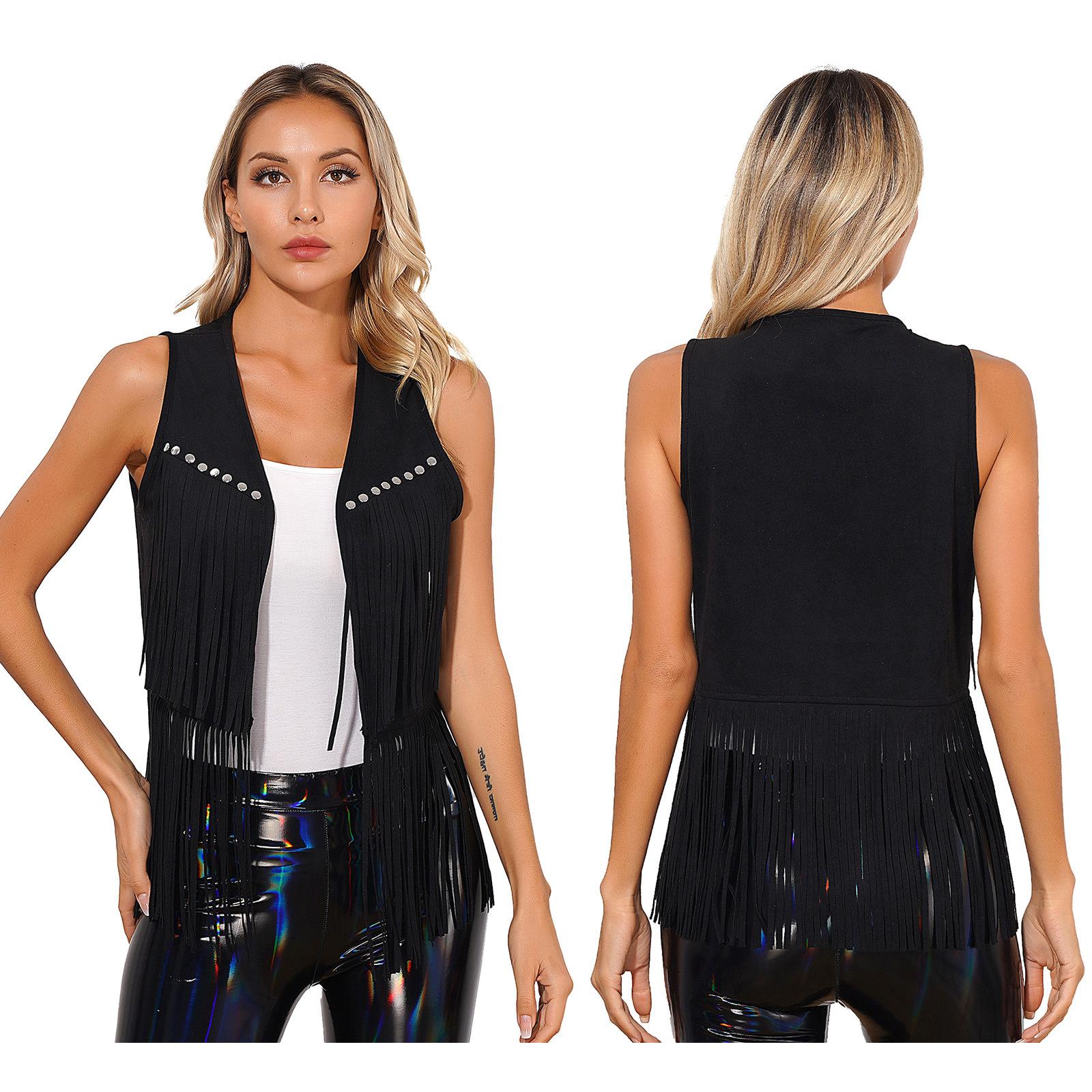 

Женский жилет из искусственной замши в стиле вестерн с кисточками и бахромой, без рукавов, с открытым передом, для нарядов в стиле бохо L чёрный