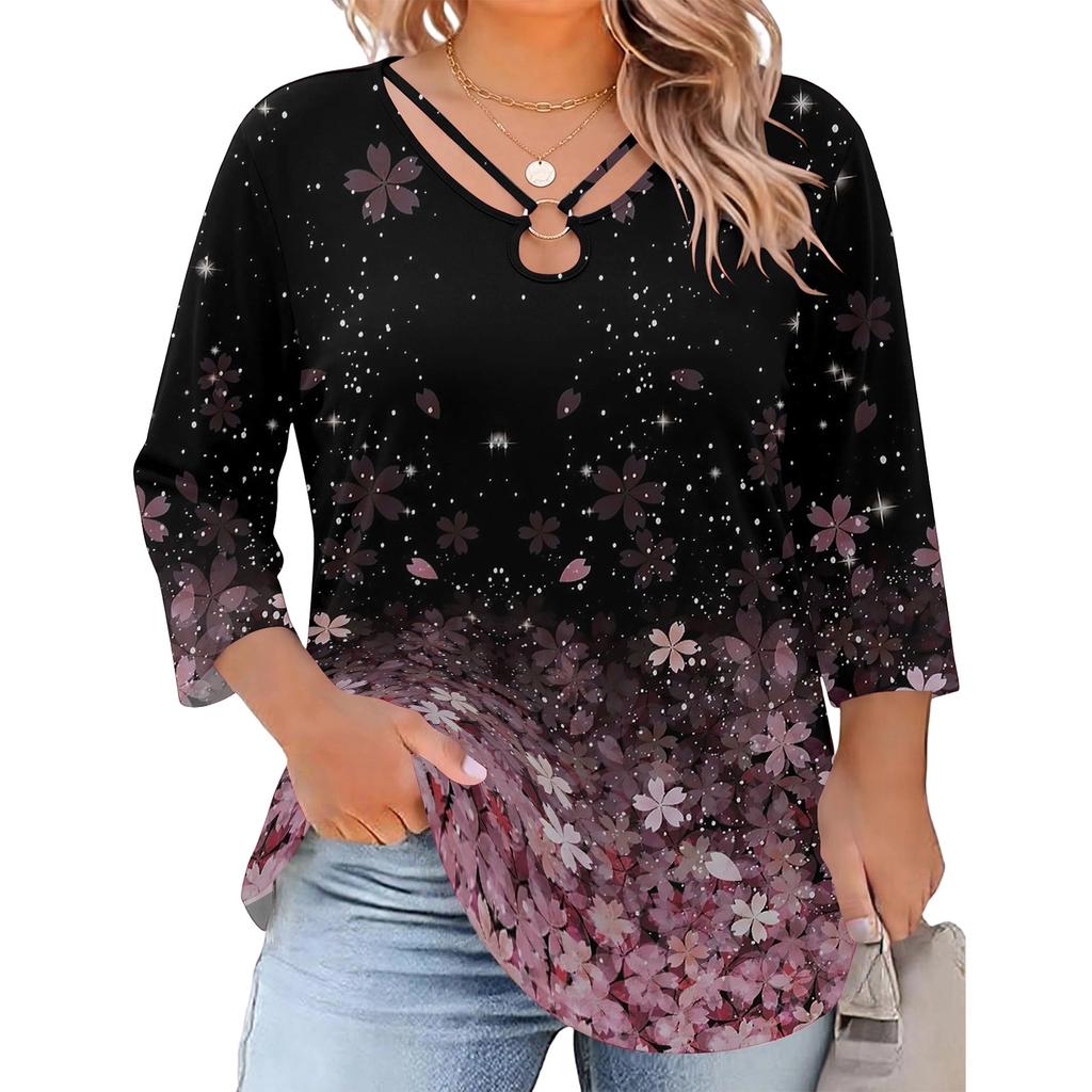 Blusa Floral Feminina Plus Size com Manga Três Quartos, Blusa Casual, Túnica de Corte Amplo para Primavera Verão, Uso Diário, Trabalho e Saídas