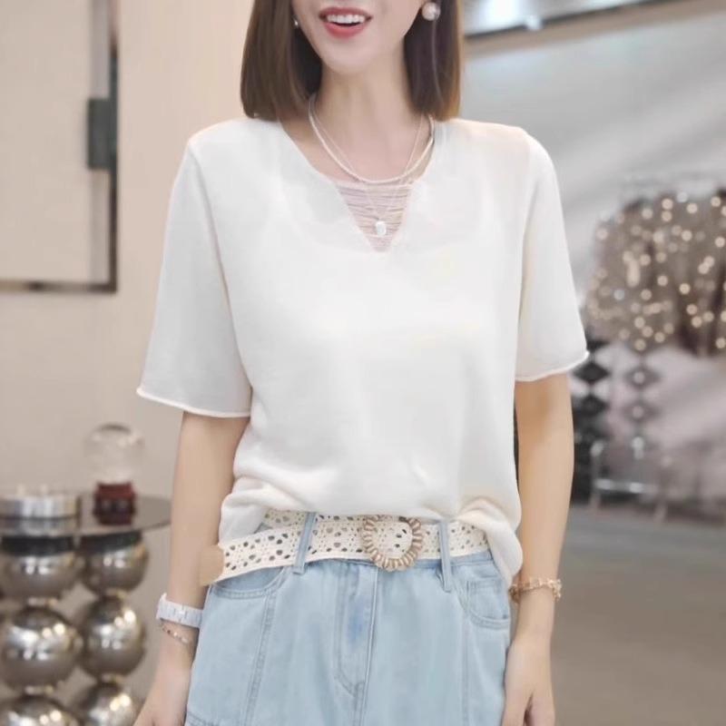 

Yellow Hollow Short-sleeved Sweater for Women Plus Size Fat Girl Summer Top Fashionable and Versatile Onesize білий