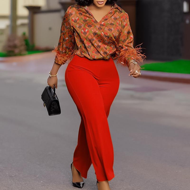 Women's Plus Size Printed Long Sleeved Shirt Temperament Elegant Wide Leg Pants Fashion Suit