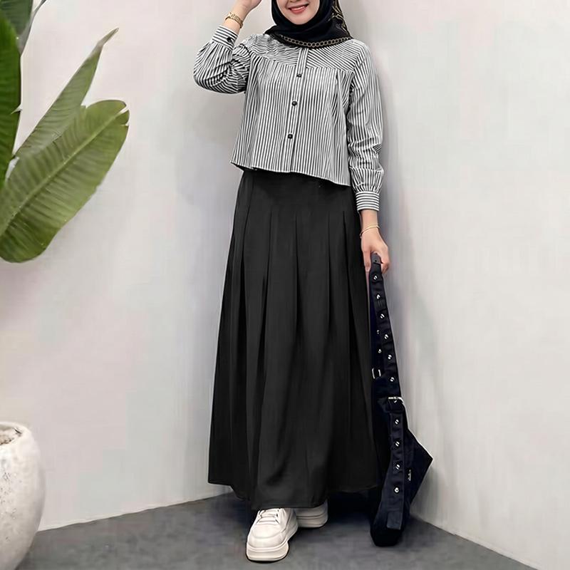 ZANZEA Women Long Sleeve Stripe Blouse and Long Skirts Casual Two Piece Suit Sets