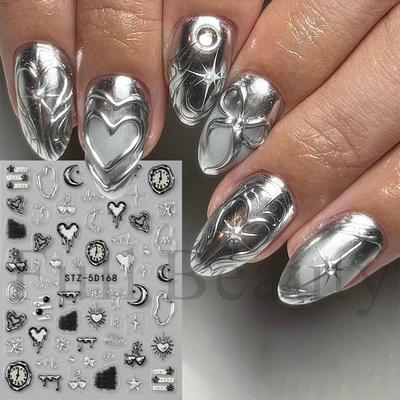 1 Stück geprägter 5D-Flüssigmetall-Stern-, Mond- und Herz-Uhr-Nagelaufkleber, selbstklebender Nagelkunstaufkleber, Weihnachtsgeschenk.