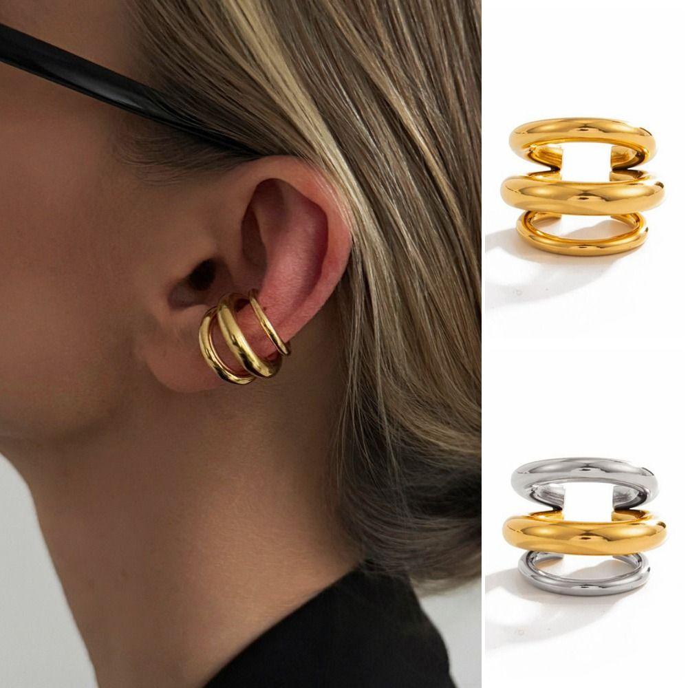 Silver C-shaped Ear Clip Stainless Steel Chunky Triple Ring Clip Cartilage Ear Cuffs