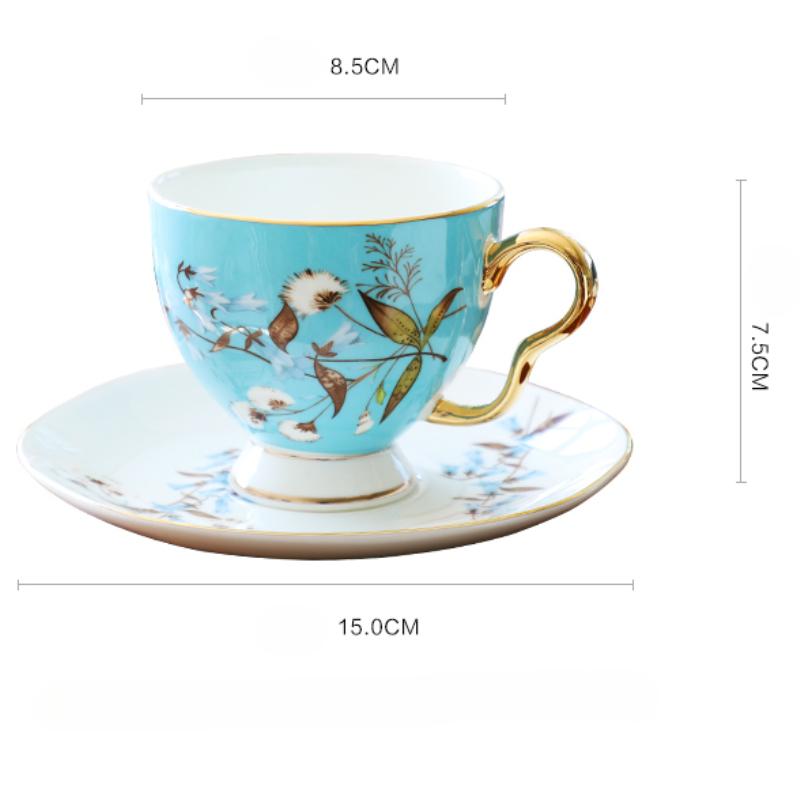 Floral Pattern Coffee Cup with Golden Handle, Light Luxury Bone China Cup Saucers and Spoon, Gold Trim Ceramic Teacup Exquisite Tea Sets,200ml