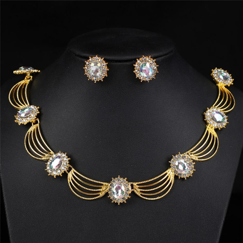 Gold-Tone Gemstone Necklace Set Geometric Statement Jewelry Set Earring Matching Set  Women