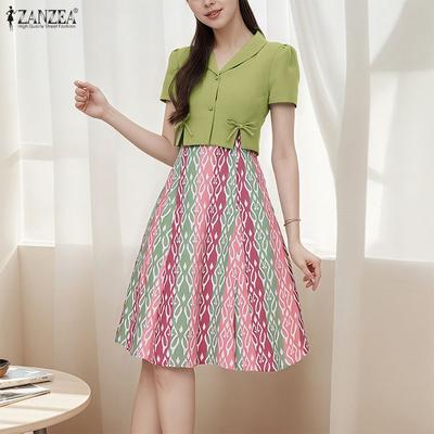 Vestido estampado informal de manga corta con cuello en V de verano para mujer