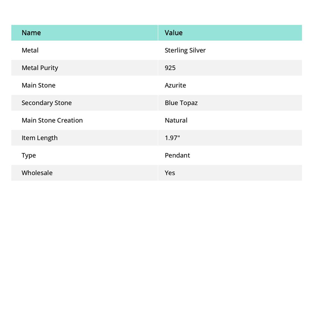 K2 Blue Azurite, Blue Topaz 925 Sterling Silver Jewelry Pendant 1.97" I0I21