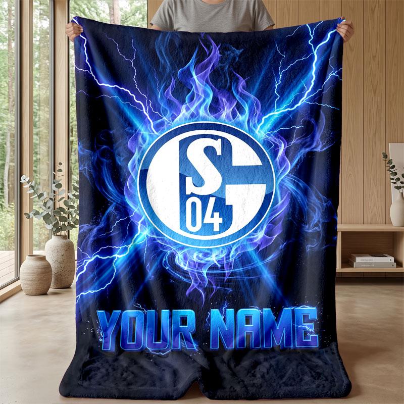 Schalke 04 FC Custom Name Text Flannel Blanket Soccer Logo Personalized Fleece Throw Blanket Special Gift For Sofa Bedroom Home