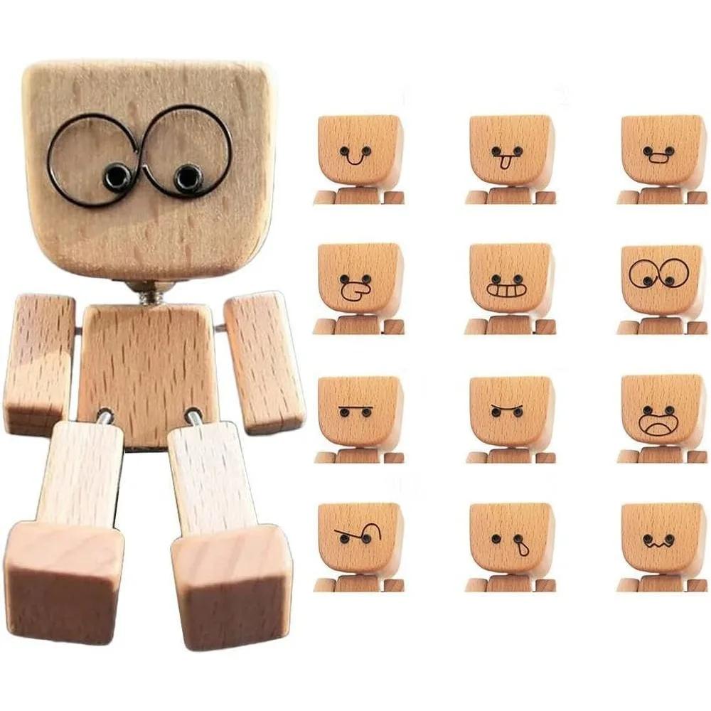 Christma Shaking Man Statue Wooden Man Figurines With 12 Replacement Expression Unique Car Dashboard Decoration Desktop Ornament