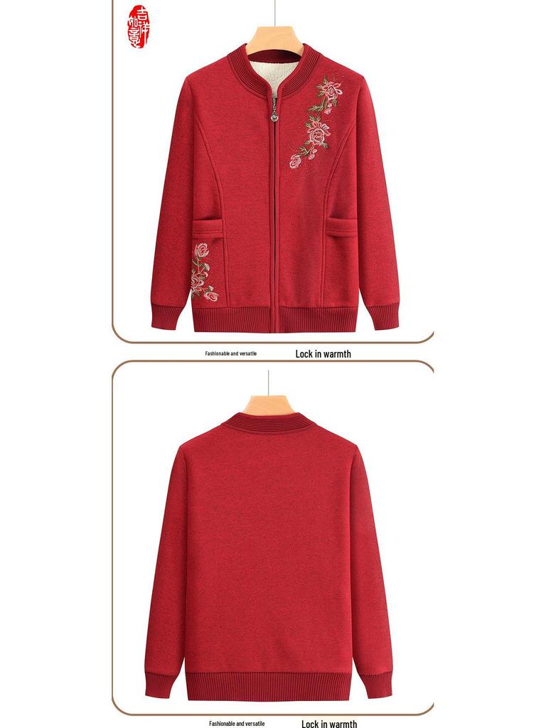 2024 Mamas warmer Wollmantel: Langärmiger Strickcardigan mit Samtbesatz für Frauen mittleren und höheren Alters