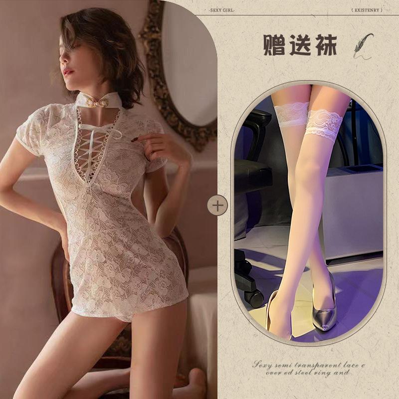 New sexy underwear women's lace temptation cheongsam sexy milk strap hollow short