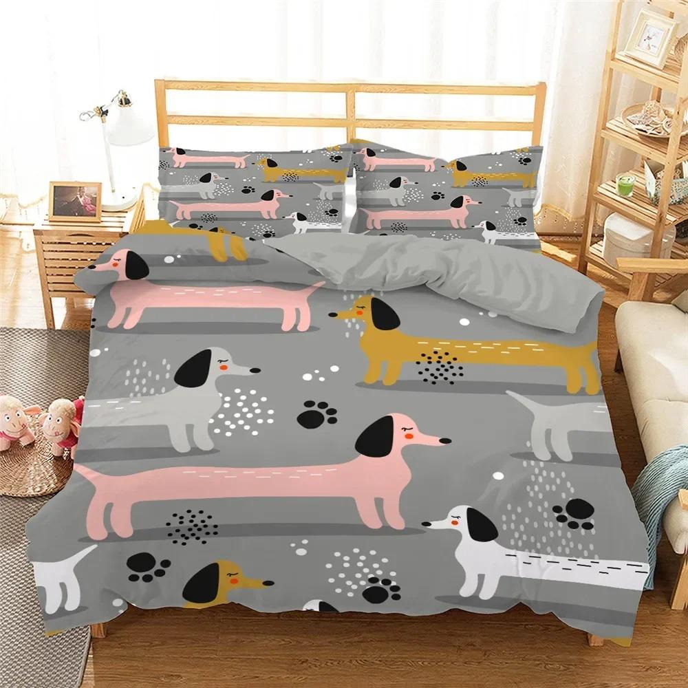 Dachshund Dog Bedding Set Cute Colorful Puppy Duvet Cover Cartoon Pet Dog King Queen Full Polyester Quilt Cover