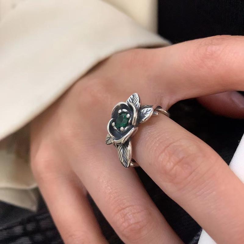 Exquisite Korean Style Vintage Exaggerated Green Zircon Rose Flower Ring For Women