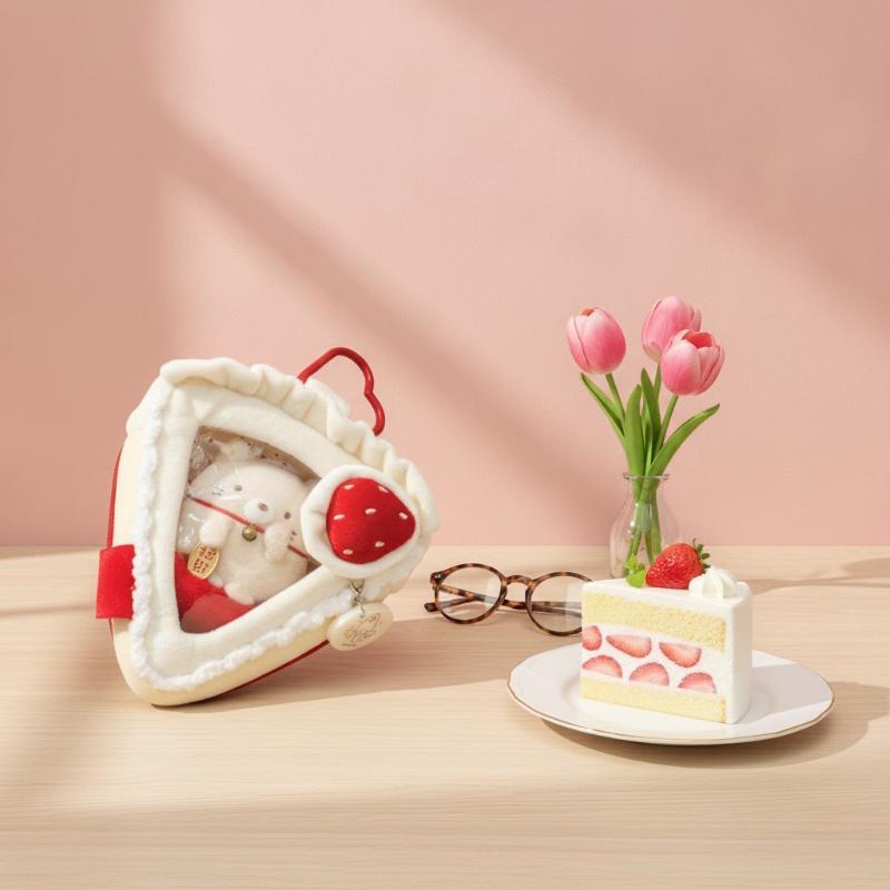 1Pcs Cute Storage Pouch Strawberry Cake Baby Bun Display Bag With Clear Window & Heart Keychain Charm For Anime Kpop Merch Decor