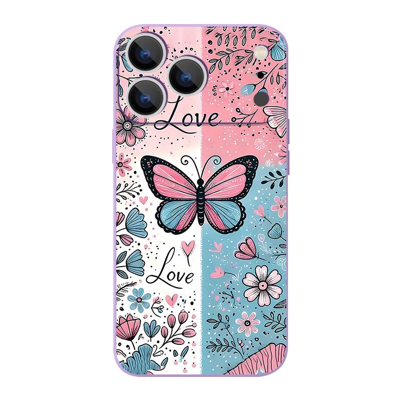 For iPhone 17 Pro Max Case Blue Pink Butterfly Floral Pattern TPU Silicone Soft Cover For iPhone 16 Pro Max 15 14 13 12 11 16E Air