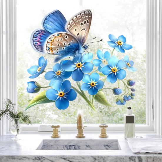 Pegatina de Ventana de Vidrio Flor Nomeolvides Mariposa Azul Flores Adhesivo de Ventana Calcomanía de PVC Estática Extraíble para Baño Cocina Decoración del Hogar