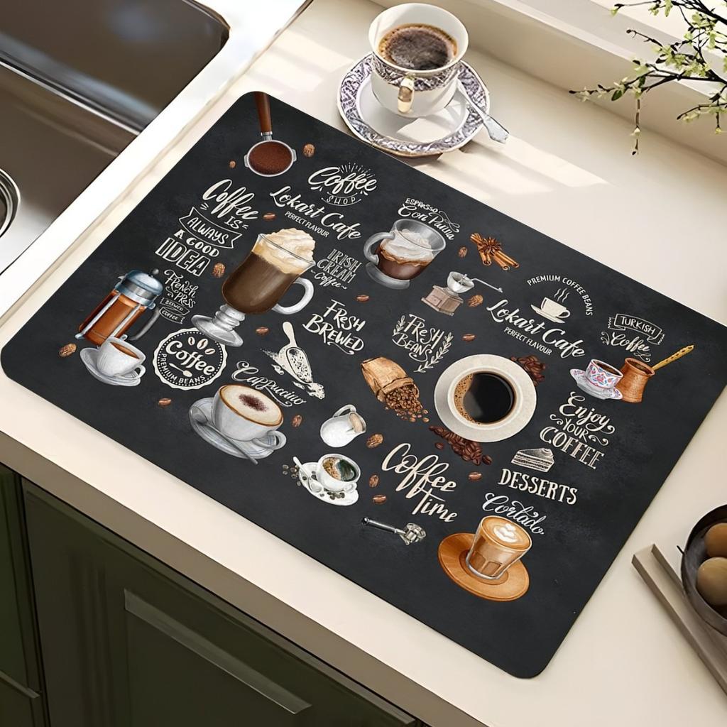 Vintage Espresso Bar Printed Absorbent Drain Mat Super Antiskid Quick Dry Modern Kitchen Counter Coffee Dish Drying Pad
