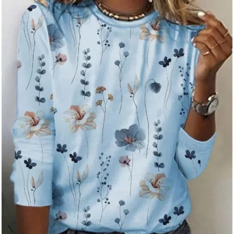 Women's T-shirt with 3D Floral Print and Fashionable Long Sleeves
