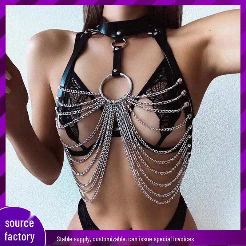 Damski Punkowy Skórzany BDSM Uprząż Gorset Top - Erotyczne Akcesoria Łańcuszkowe na Ciało
