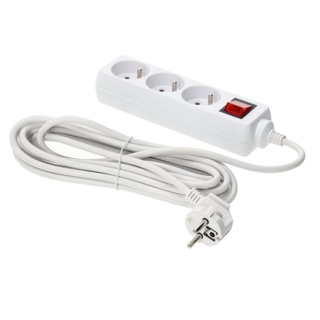 Home Extension Cord, 3 Sockets with Grounding and Switch, 5 , White