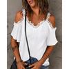 Elegant V-neck Sexy Lace Womens T Shirts Summer White Short Sleeve Tees Off Shoulder T Shirt 2023 Fashion Solid Lady Tops 26353
