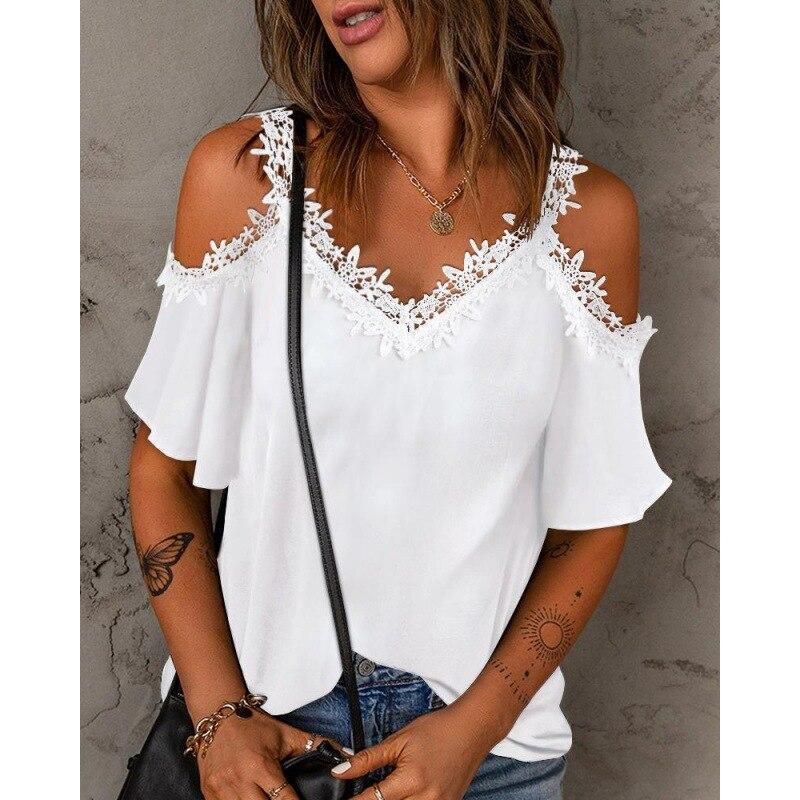 Elegant V-neck Sexy Lace Womens T Shirts Summer White Short Sleeve Tees Off Shoulder T Shirt 2023 Fashion Solid Lady Tops 26353