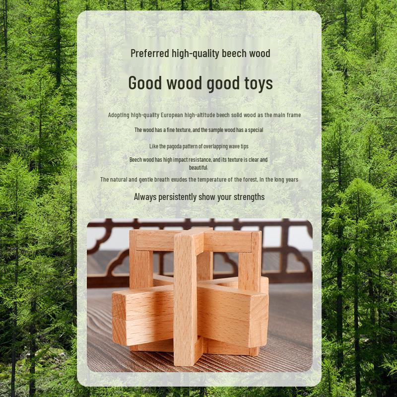 Beech Wood Kongming Lock Puzzle: High-Difficulty Brain Teaser for Adults and Children.