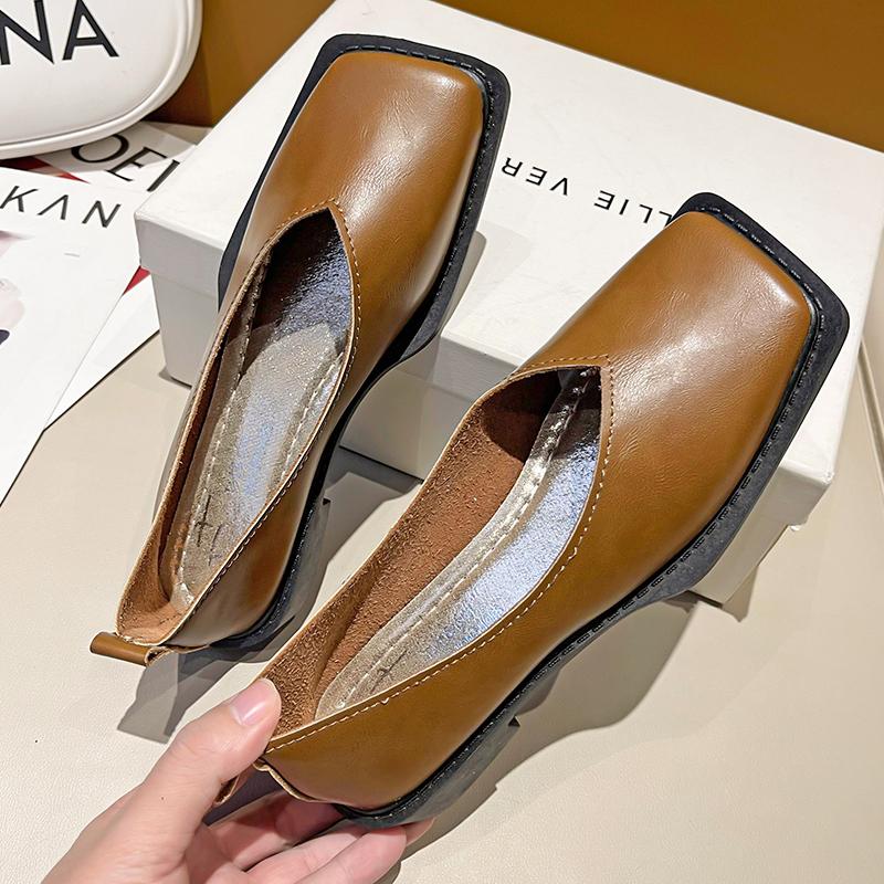 Fashion New Style Luxury Flats Shoes Women Square Toe Single Shoes Simple Temperament Leather Shoes Spring Round Toe Heels Zapatos Mujer