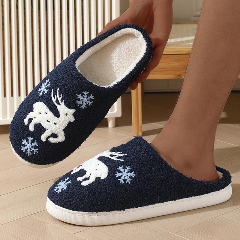 Fashion Cartoon Moose Cute Plush Indoor Slippers Women 2025 Winter Warm Fluffy Fur Couple's Christmas Slippers Soft Flat Heel Slides