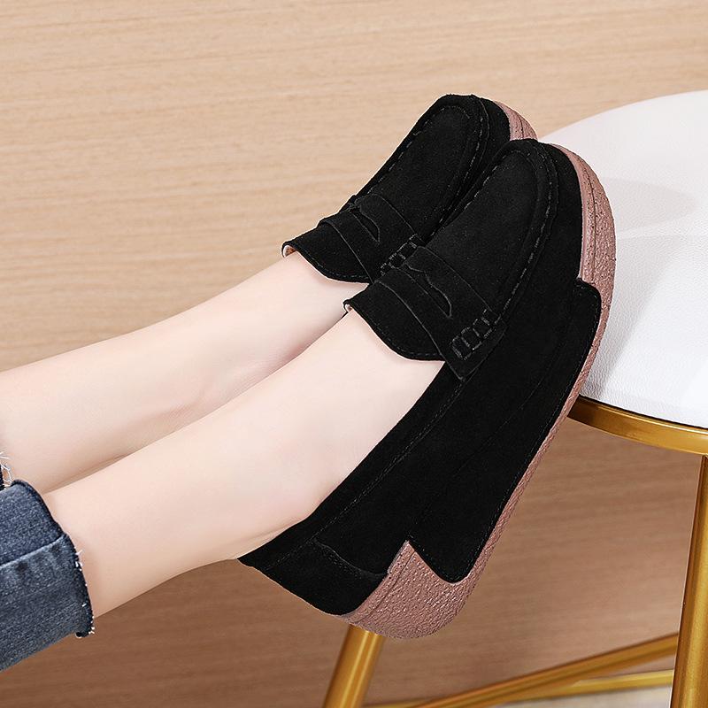 Cow Suede Women Platform Shoes Fashion Wedge Heels Elegant Ladies Casual Walking Shoes Slip-on Loafers