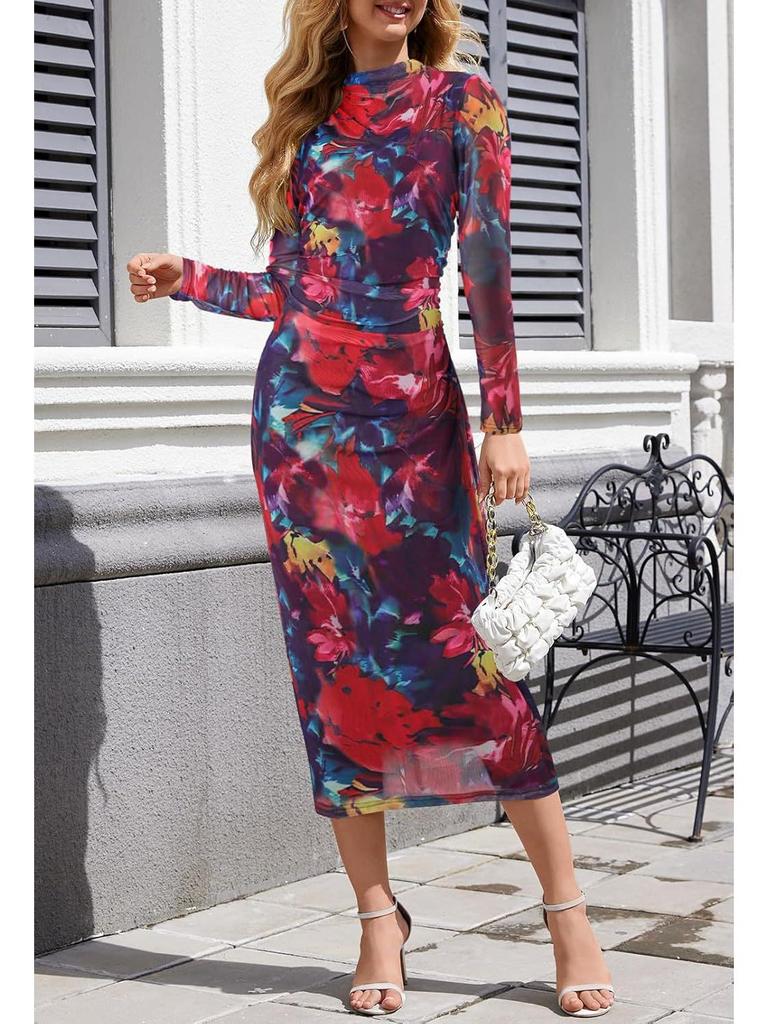 Women's Long-Sleeve Tie-Dye Pleated Cocktail Dress with Stand-Up Collar