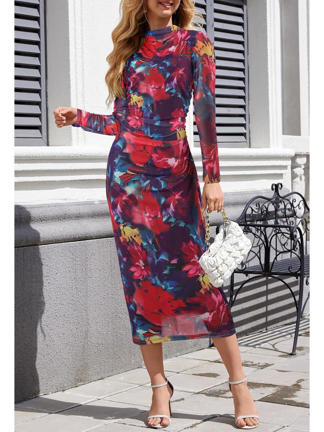 

Женское коктейльное платье с длинными рукавами, плиссировкой и принтом тай-дай, воротником-стойкой XXL