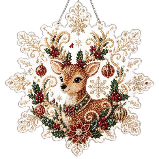 Handmade Christmas Tree Decor Faux Pearl Painting Suncatcher Kit, Acrylic Snowflake Shaped Board with Lace Relaxing Holiday Activity Edge, 3D Gemstone