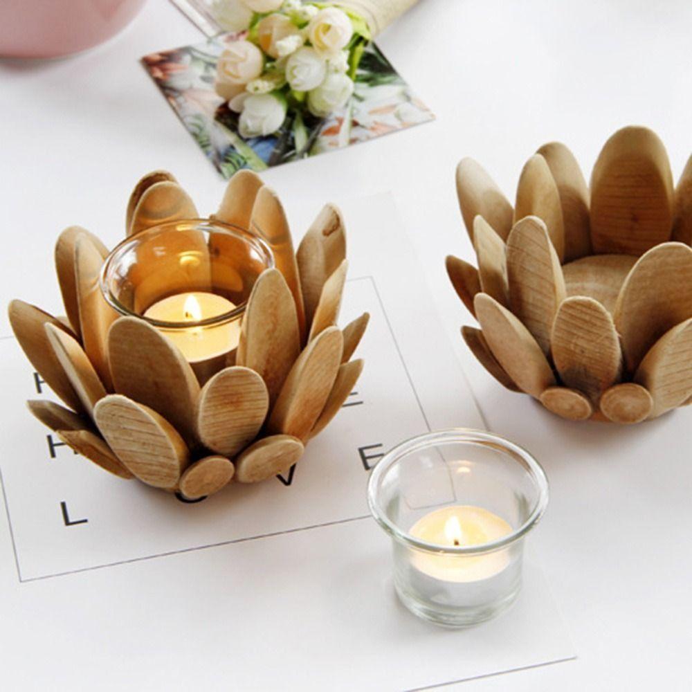 Durable Retro Wooden Petal Candle Holder Romantic Elegant Lotus Shape Candlestick Unique Creative Candle Stands Table Decoration