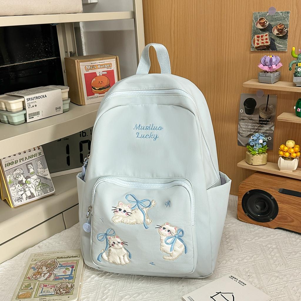 Schoolbag Cute Cat Embroidered Schoolbag Junior High School Girls High Value Ins Niche Design Sense Lightweight Research Backpack