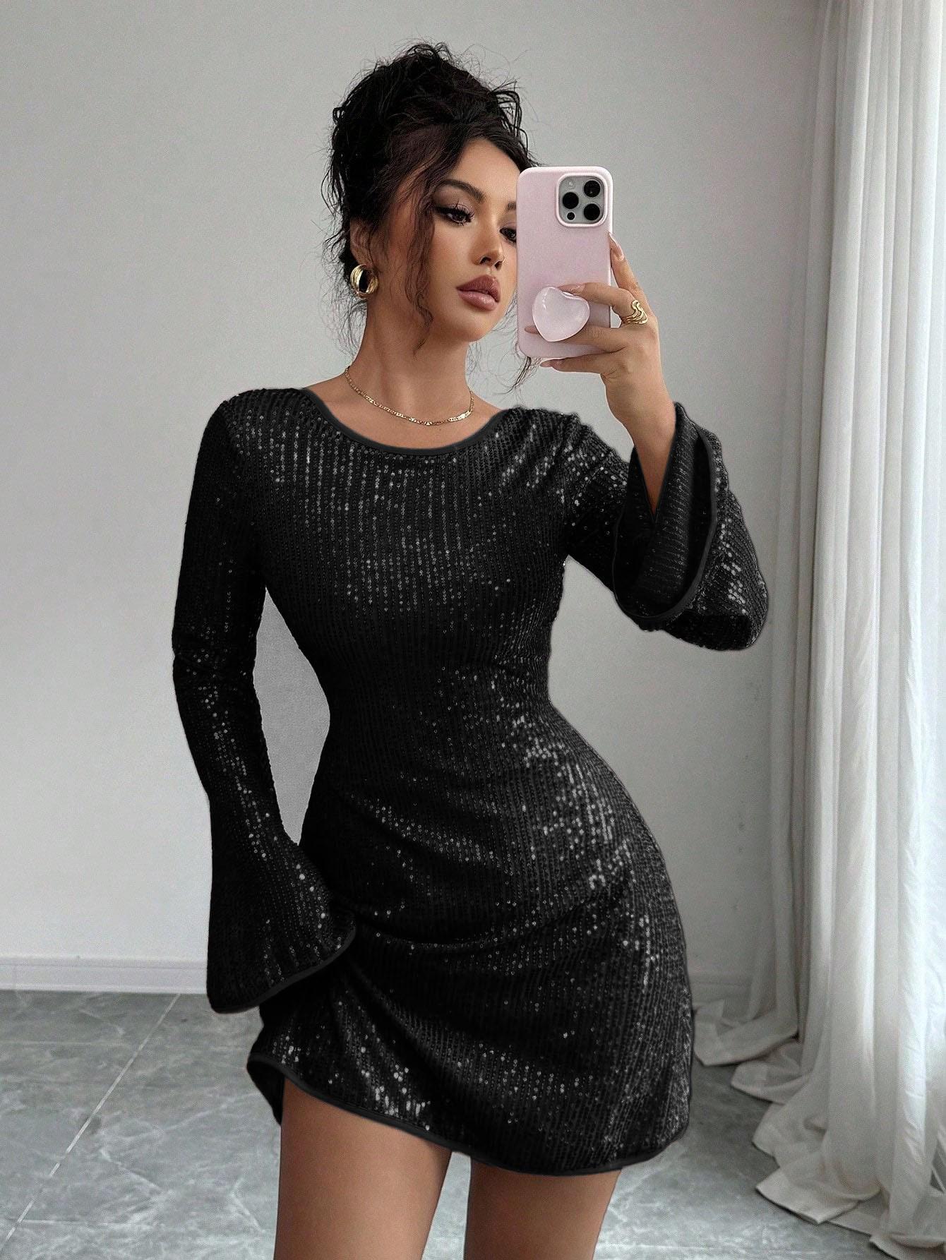 

Европейское и американское женское облегающее платье с открытой спиной, на шнуровке, с пайетками, длинным рукавом - Мода Весна/Лето 2026 S чёрный