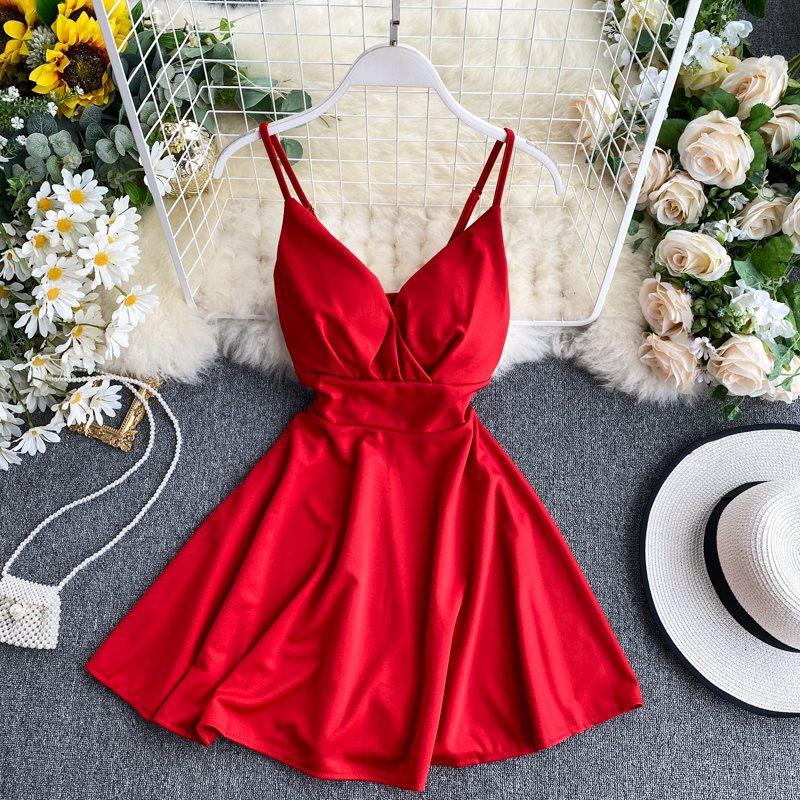 Spring Dress For Women V-Neck Open Back Waist-Cinching High-Waisted Slimming Solid Color Camisole Slip Dress A-Line Dresses