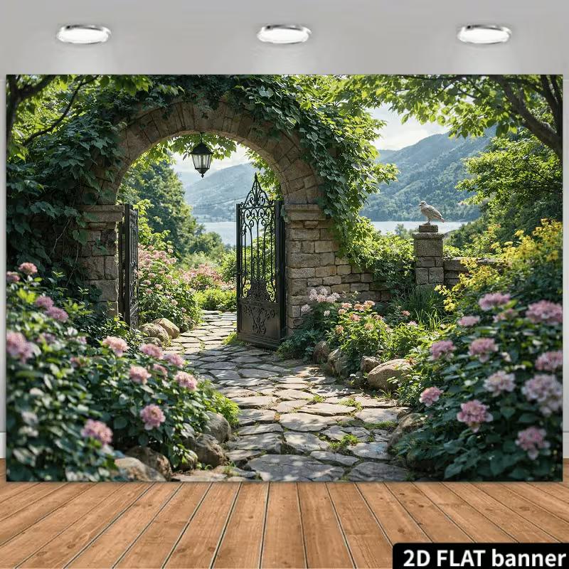 2D Enchanted Garden Backdrop Ivy Stone Arch Flower Photography Background