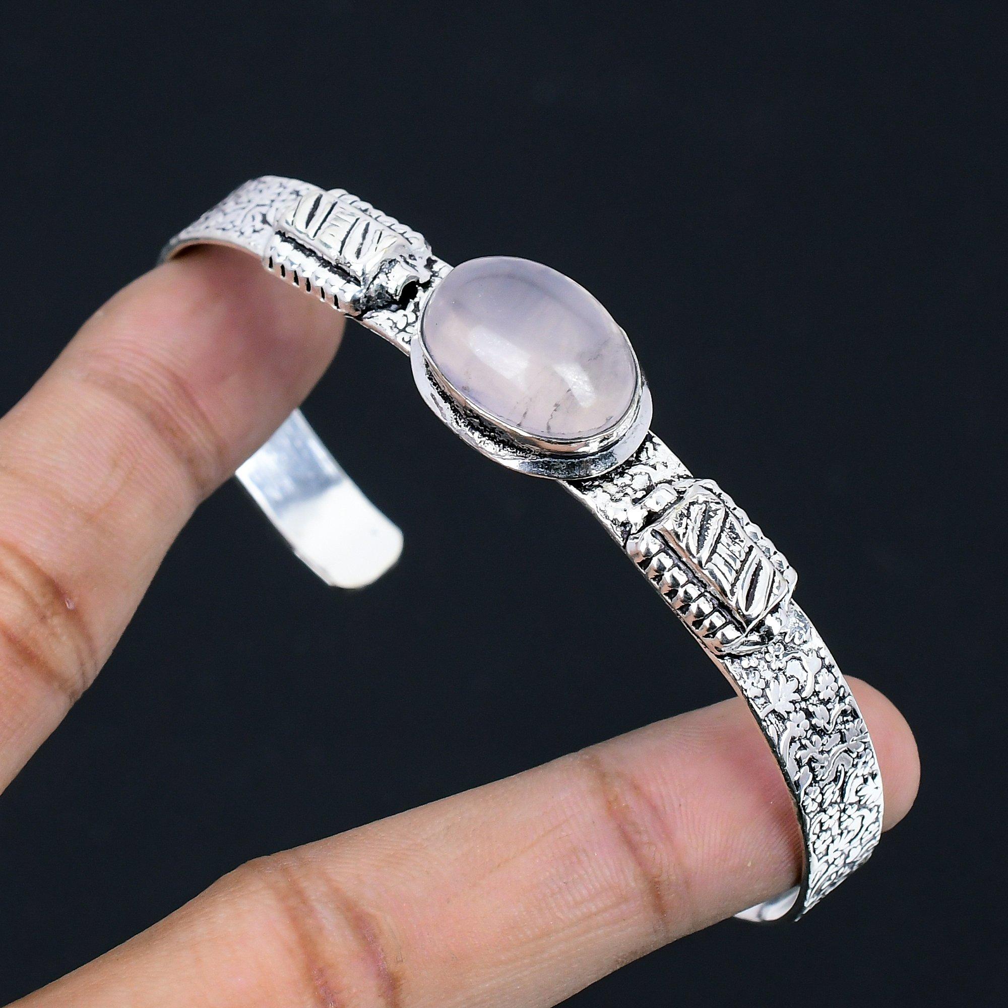 

Gift For Women Bangle Adjustable 925 Silver Natural Rose Quartz Gemstone Adjustable