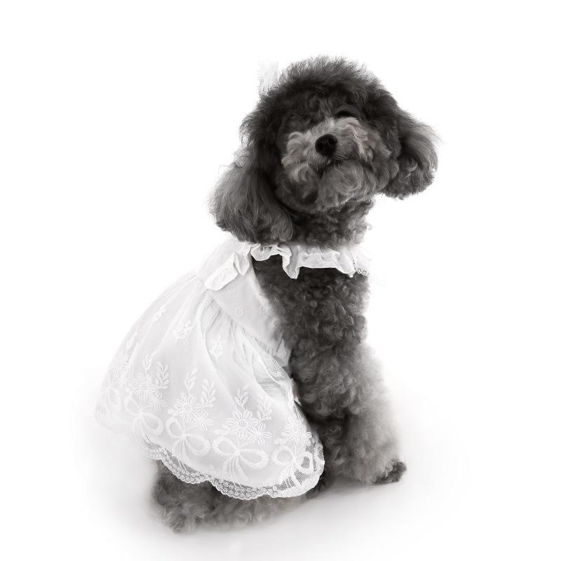 Pet summer lace flying sleeve princess dress teddy bear dog cat thin clothes + headgear