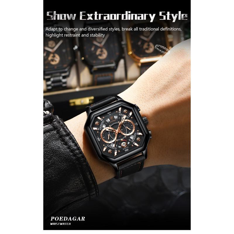 POEDAGAR Luxury Chronograph Square Man Watch Waterproof Luminous Date Men Watch Sports Leather Men's Watches Quartz