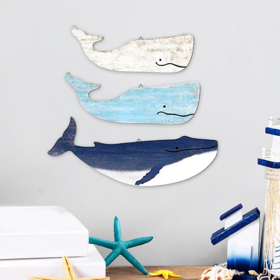 3 Pcs Wood Nautical Wall Decor Rustic Coastal Theme Whale Shark Wall Art Vintage Sea Animal Hanging Ornament for Living Room Bedroom