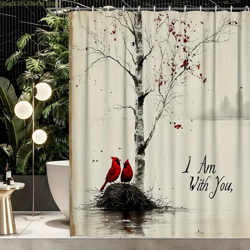 

[]1 шт., Современный стиль Шторка для душа, Белая береза Кардиналы Я с тобой, Печатная шторка для душа И 12 пластиковых крючков, Прочный 90x180cm