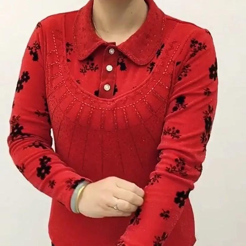 

Женская осенне-зимняя флисовая утолщенная винтажная элегантная футболка с длинным рукавом, кукольным вырезом и бриллиантами, пуловер, топы 5XL