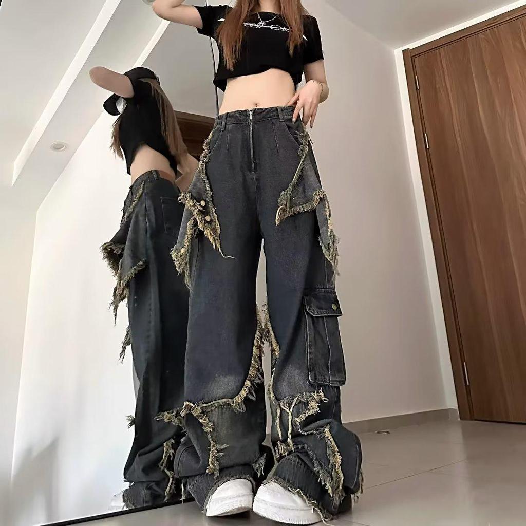 2024 Høy midje Mørk Retro Vide ben Stjernedesign Rå kant Gulvlange Jeans
