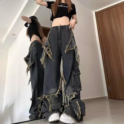 2024 High Waist Dark Retro Wide Leg Star Design Raw Edge Floor-Length Jeans