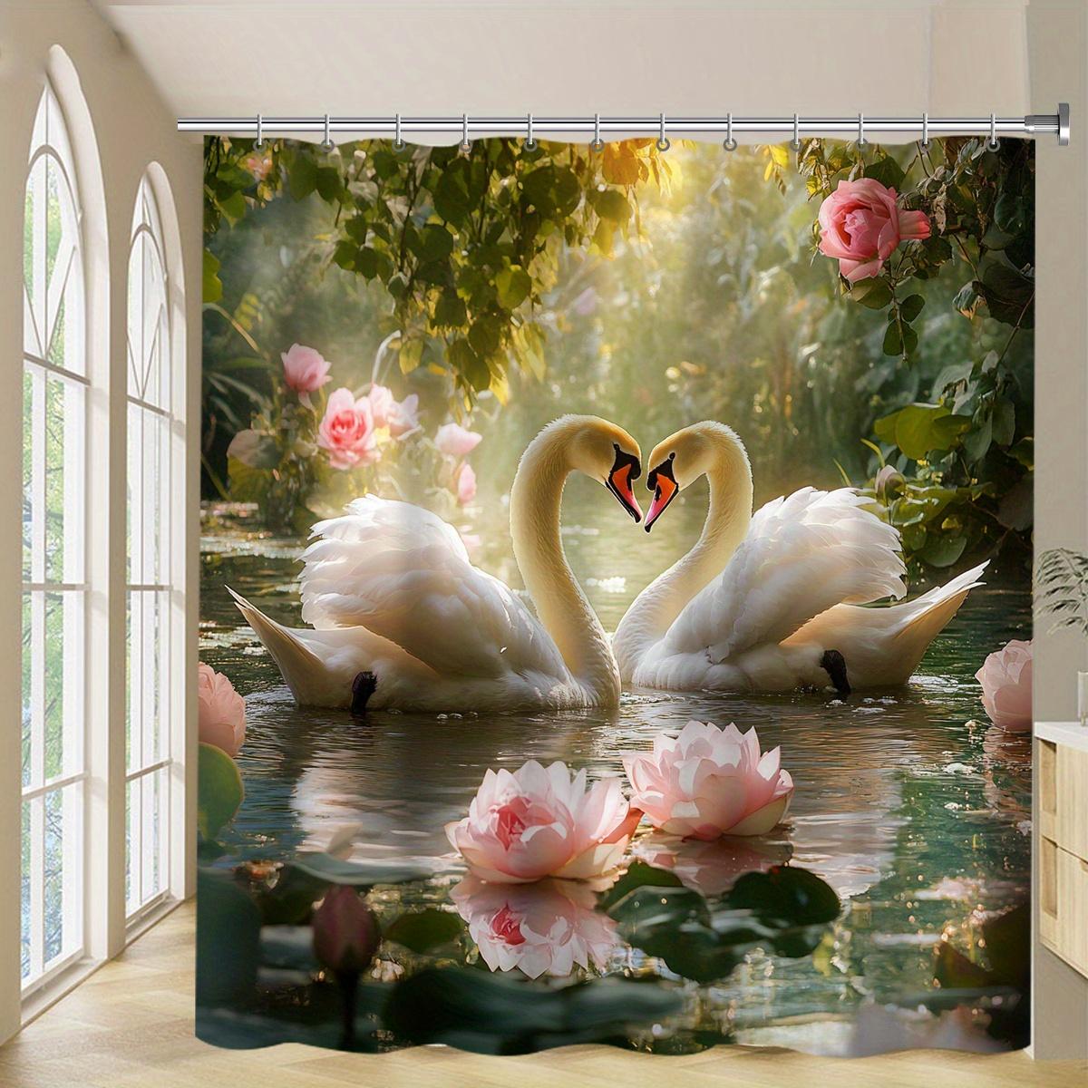 

1Pc Elegant White Swan And Pink Rose Shower Curtain-Romantic Nature Inspired Design, Vibrant Floral Shower Curtain W60H190(CM)-1 Pcs