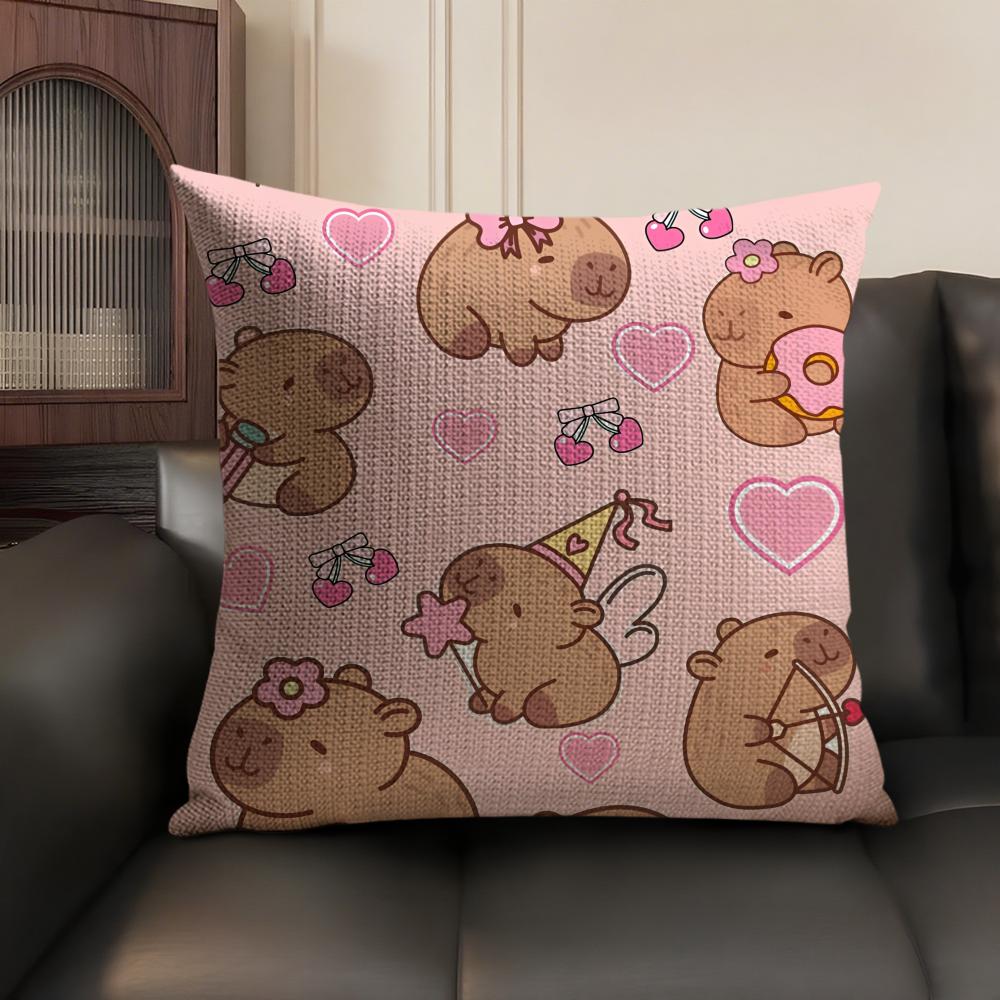 Capybara Cartoon Cute Cushion Cover Natural Linen Organic Fabric DoubleSided Printing Sofa Home Decor Gift Pillow Case